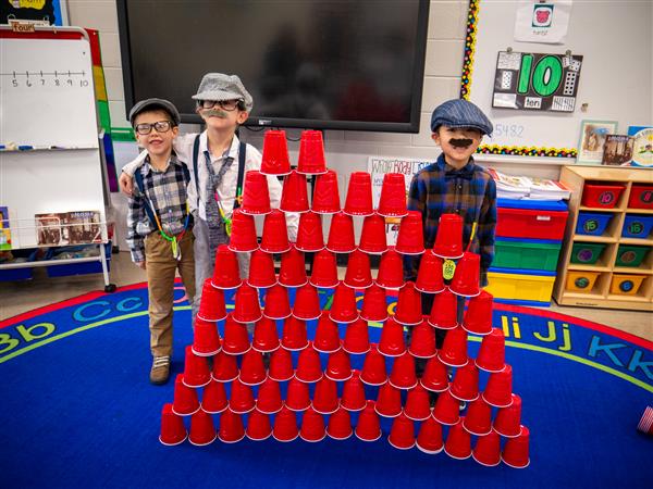 Students participating in 100th day of school activities. 